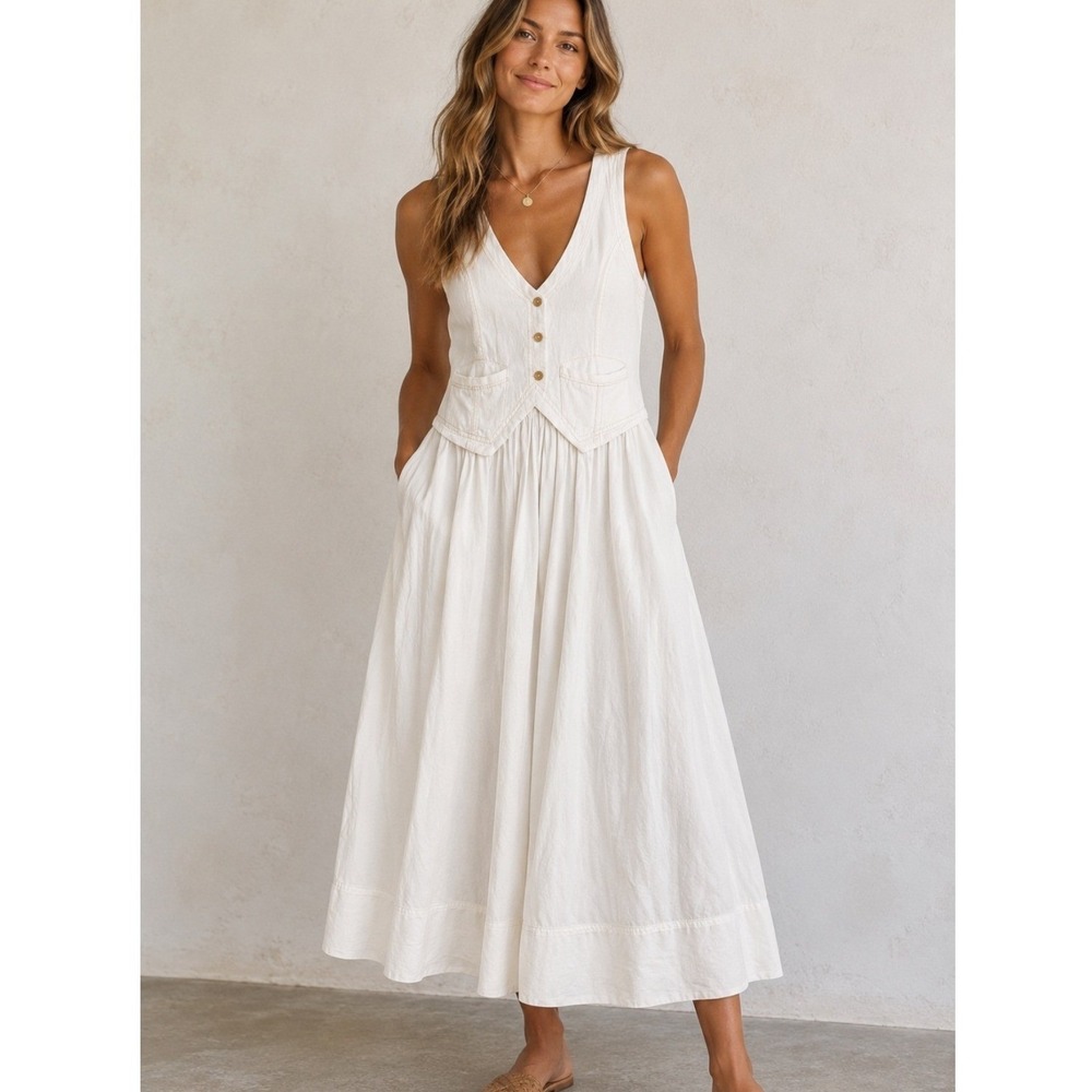 Pilcro and the Letterpress White Vest Bodice Midi Dress Pockets M Western Boho